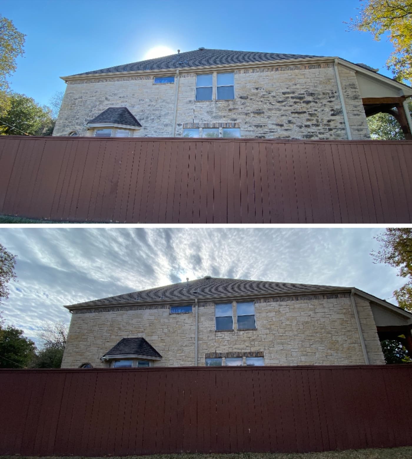 Stone home exterior before and after house wash service
